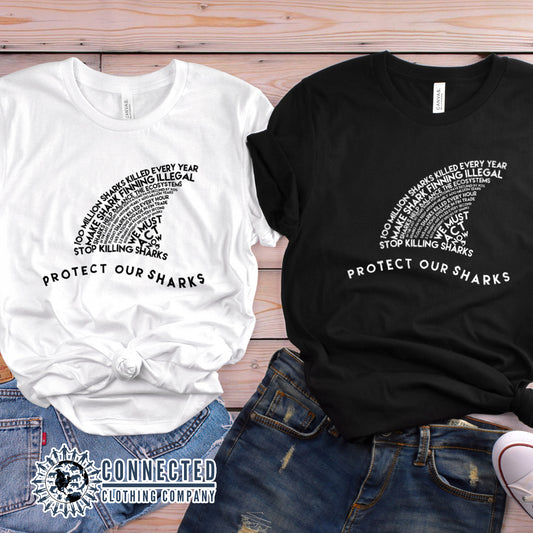 Black and White Protect Our Sharks Short-Sleeve Tees - Connected Clothing Company - Ethically and Sustainably Made - 10% of profits donated to shark conservation and ocean conservation