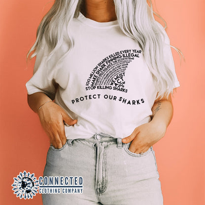 White Protect Our Sharks Short-Sleeve Tees - Connected Clothing Company - Ethically and Sustainably Made - 10% of profits donated to shark conservation and ocean conservation