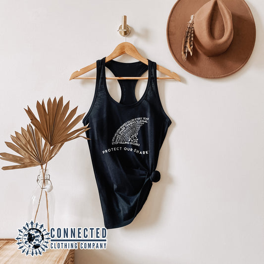 Black Protect Our Sharks Women's Tank Top - Connected Clothing Company - Ethically and Sustainably Made - 10% of profits donated to Oceana shark conservation