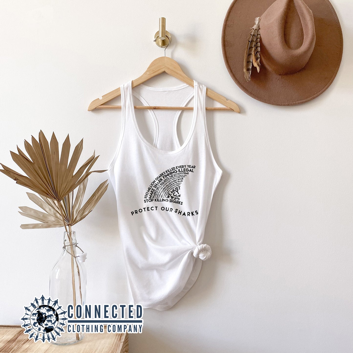 White Protect Our Sharks Women's Tank Top - Connected Clothing Company - Ethically and Sustainably Made - 10% of profits donated to Oceana shark conservation