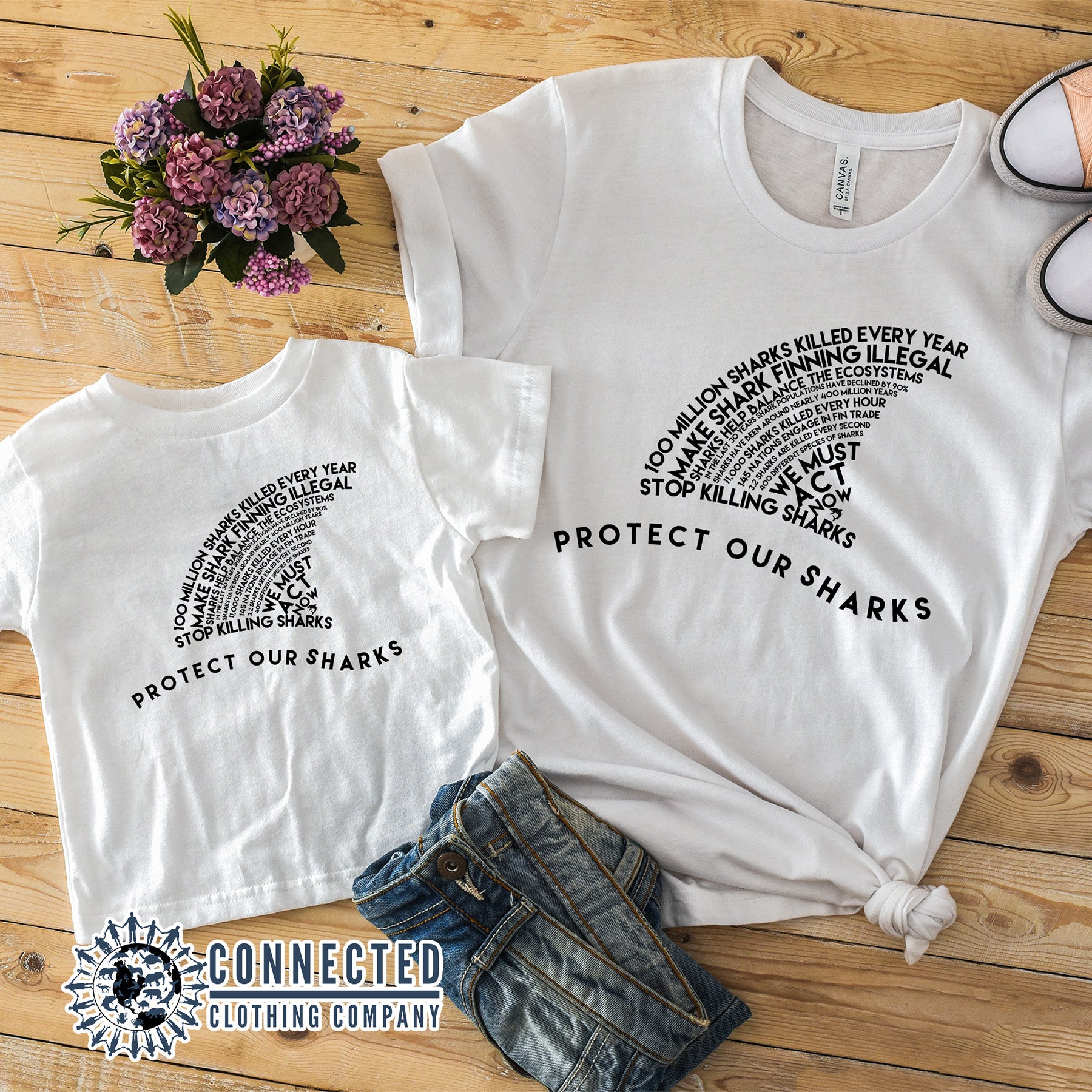 White Adult and Toddler Protect Our Sharks Toddler Short-Sleeve Tee - Connected Clothing Company - 10% of profits donated to Oceana shark conservation
