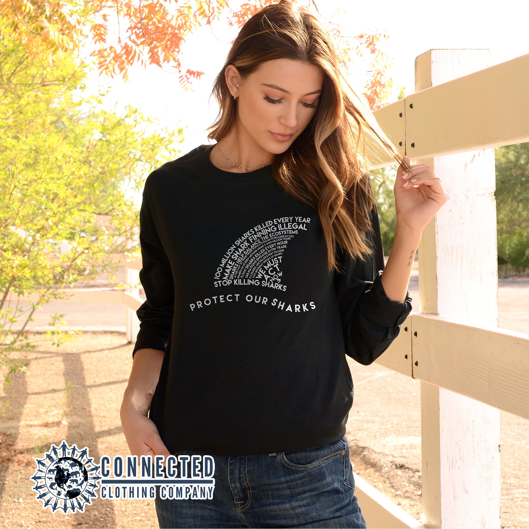 Black Protect Our Sharks Long-Sleeve Tee - Connected Clothing Company - Ethically and Sustainably Made - 10% donated to Oceana shark conservation
