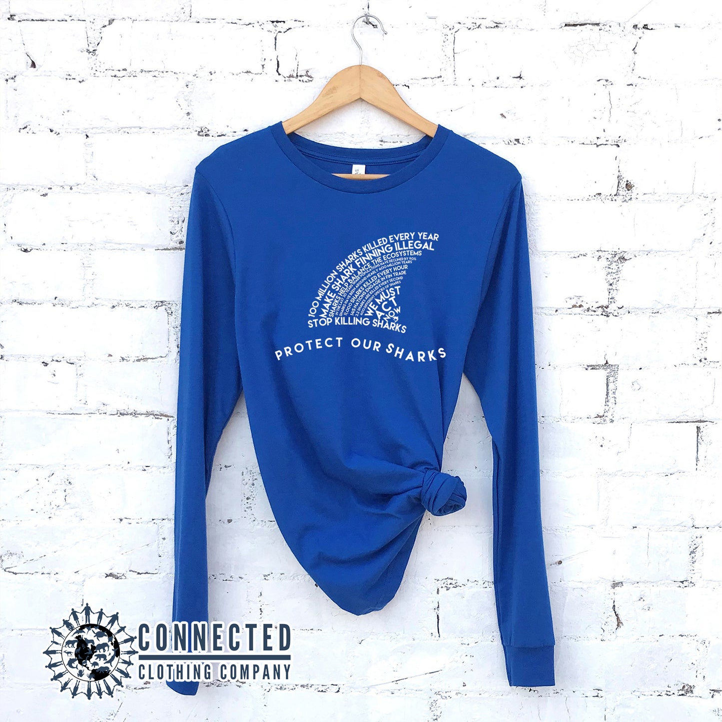 True Royal Blue Protect Our Sharks Long-Sleeve Tee - Connected Clothing Company - Ethically and Sustainably Made - 10% donated to Oceana shark conservation