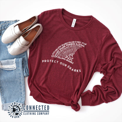 Cardinal Red Protect Our Sharks Long-Sleeve Tee - Connected Clothing Company - Ethically and Sustainably Made - 10% donated to Oceana shark conservation