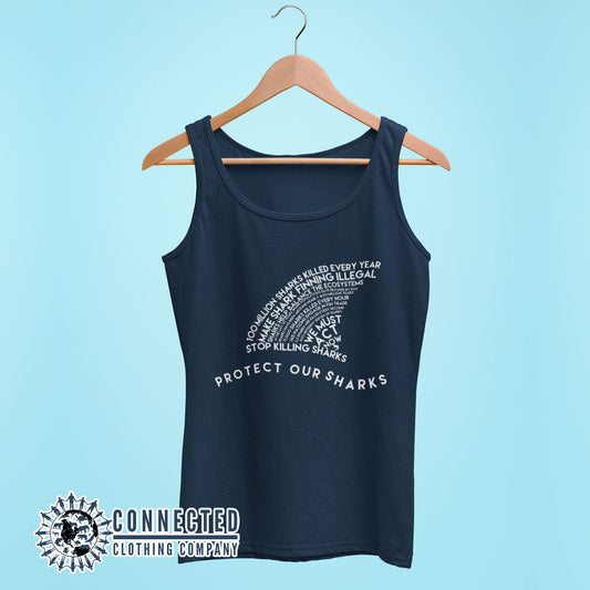 Navy Protect Our Sharks Women's Relaxed Tank Top - Connected Clothing Company - Ethically and Sustainably Made - 10% of profits donated to Oceana shark conservation