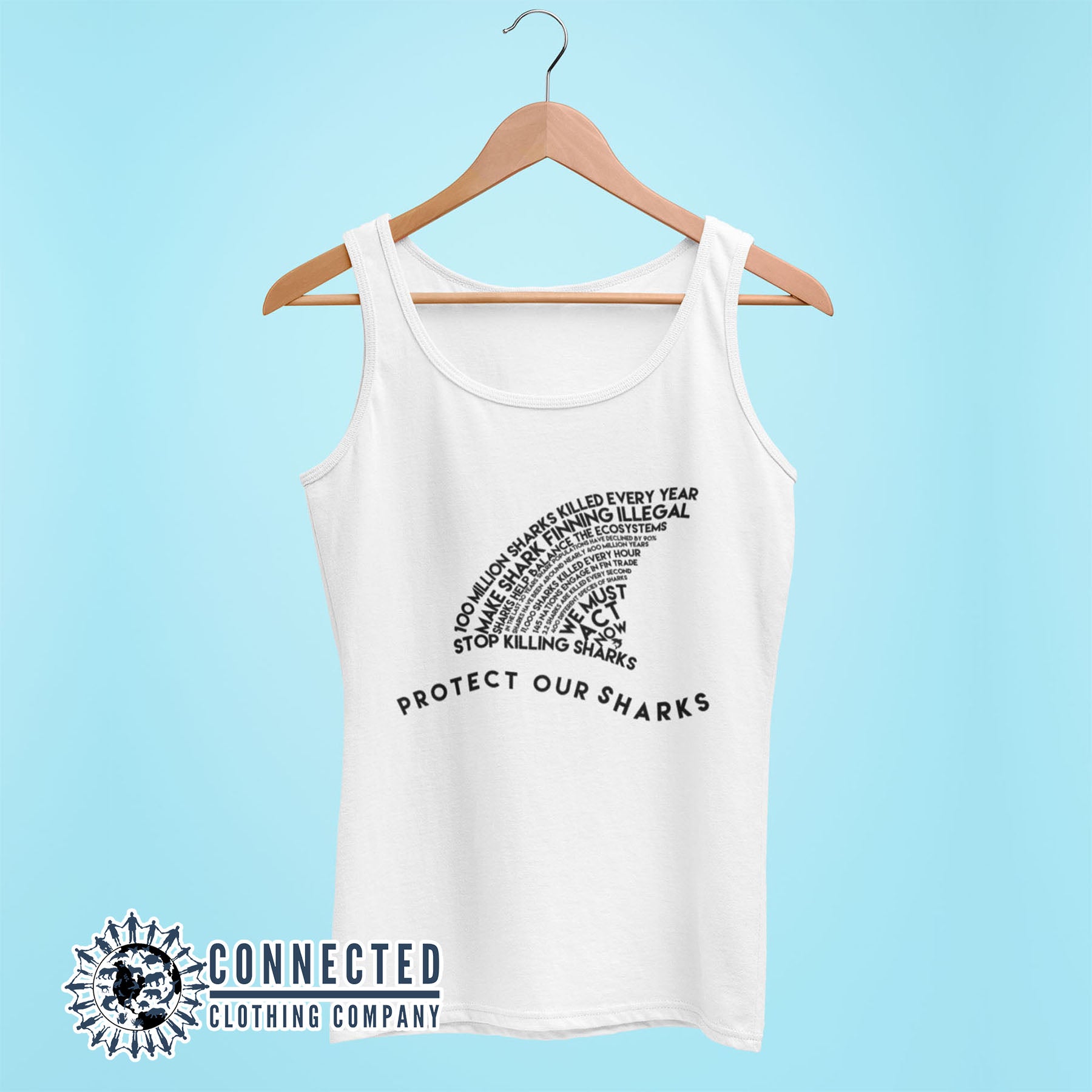 White Protect Our Sharks Women's Relaxed Tank Top - Connected Clothing Company - Ethically and Sustainably Made - 10% of profits donated to Oceana shark conservation
