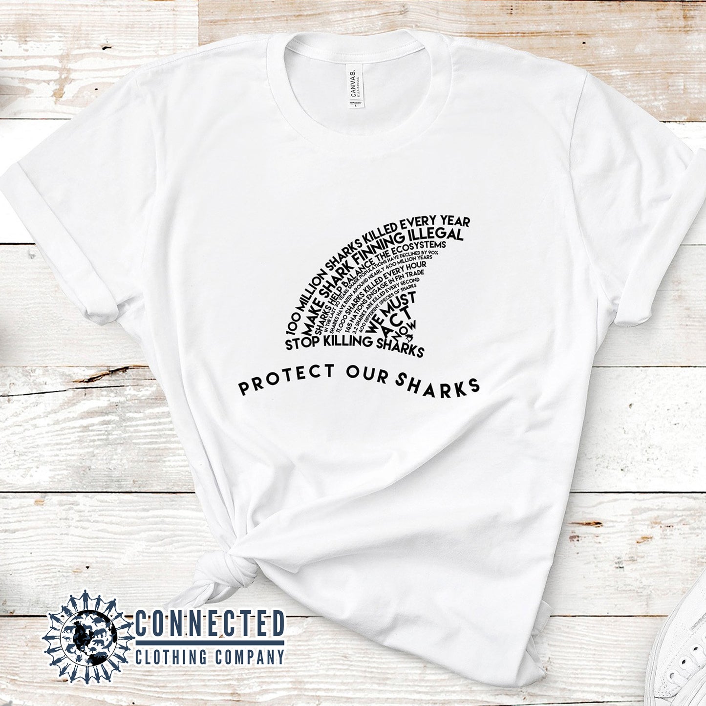 White Protect Our Sharks Short-Sleeve Tee - Connected Clothing Company - Ethically and Sustainably Made - 10% of profits donated to shark conservation and ocean conservation