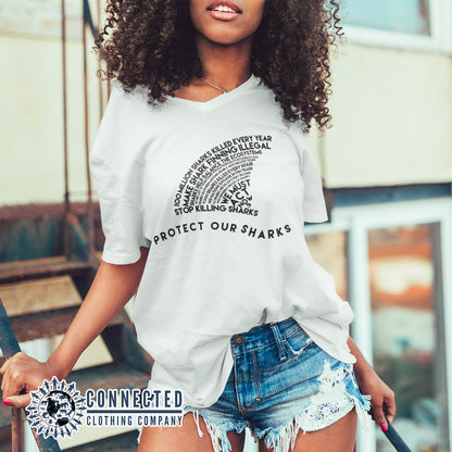 White Protect Our Sharks Short-Sleeve Women's V-Neck Tee - Connected Clothing Company - Ethically and Sustainably Made - 10% of profits donated to shark conservation