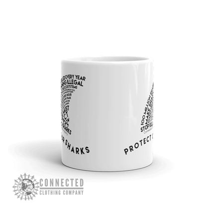 Front of Protect Our Sharks White Mug - Connected Clothing Company - Ethically and Sustainably Made - 10% donated to Oceana shark conservation