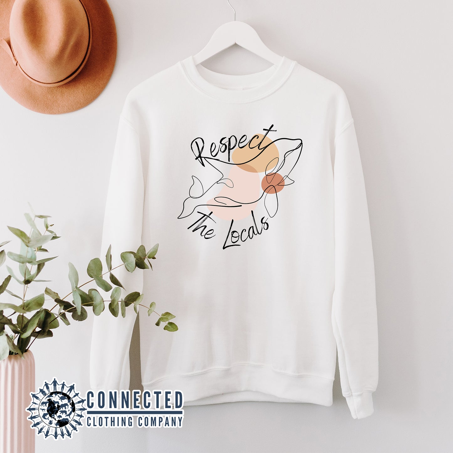 Hanging White Respect The Locals Orca Unisex Crewneck Sweatshirt - Connected Clothing Company - Ethically and Sustainably Made - 10% of profits donated to ocean conservation