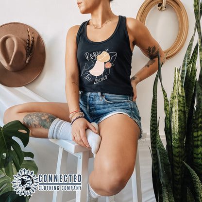 Model Wearing Black Respect The Locals Orca Women's Tank Top - Connected Clothing Company - Ethically and Sustainably Made - 10% of profits donated to Wild Orca killer whale conservation