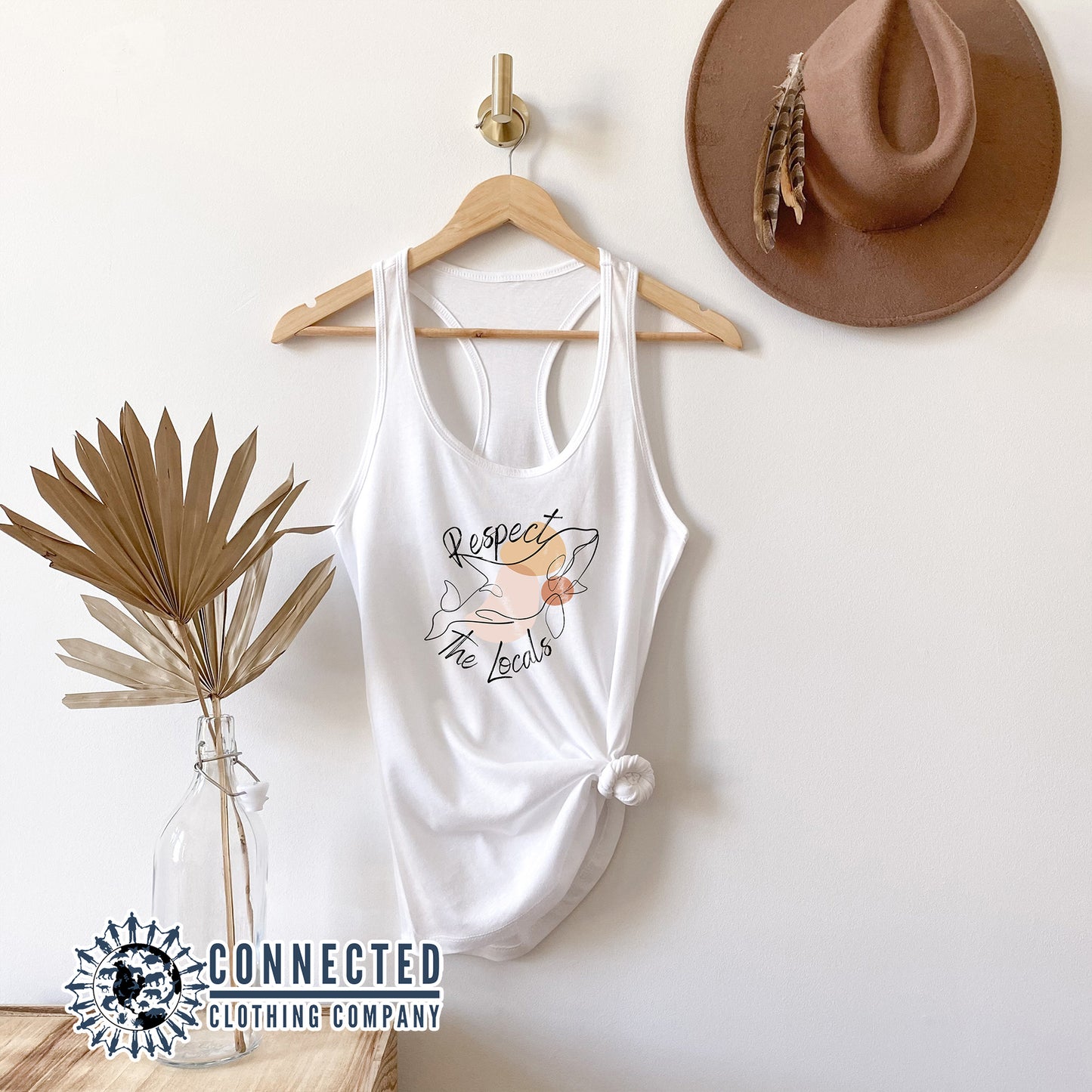 White Respect The Locals Orca Women's Tank Top - Connected Clothing Company - Ethically and Sustainably Made - 10% of profits donated to Wild Orca killer whale conservation