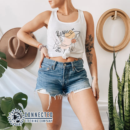 Model Wearing White Respect The Locals Orca Women's Tank Top - Connected Clothing Company - Ethically and Sustainably Made - 10% of profits donated to Wild Orca killer whale conservation