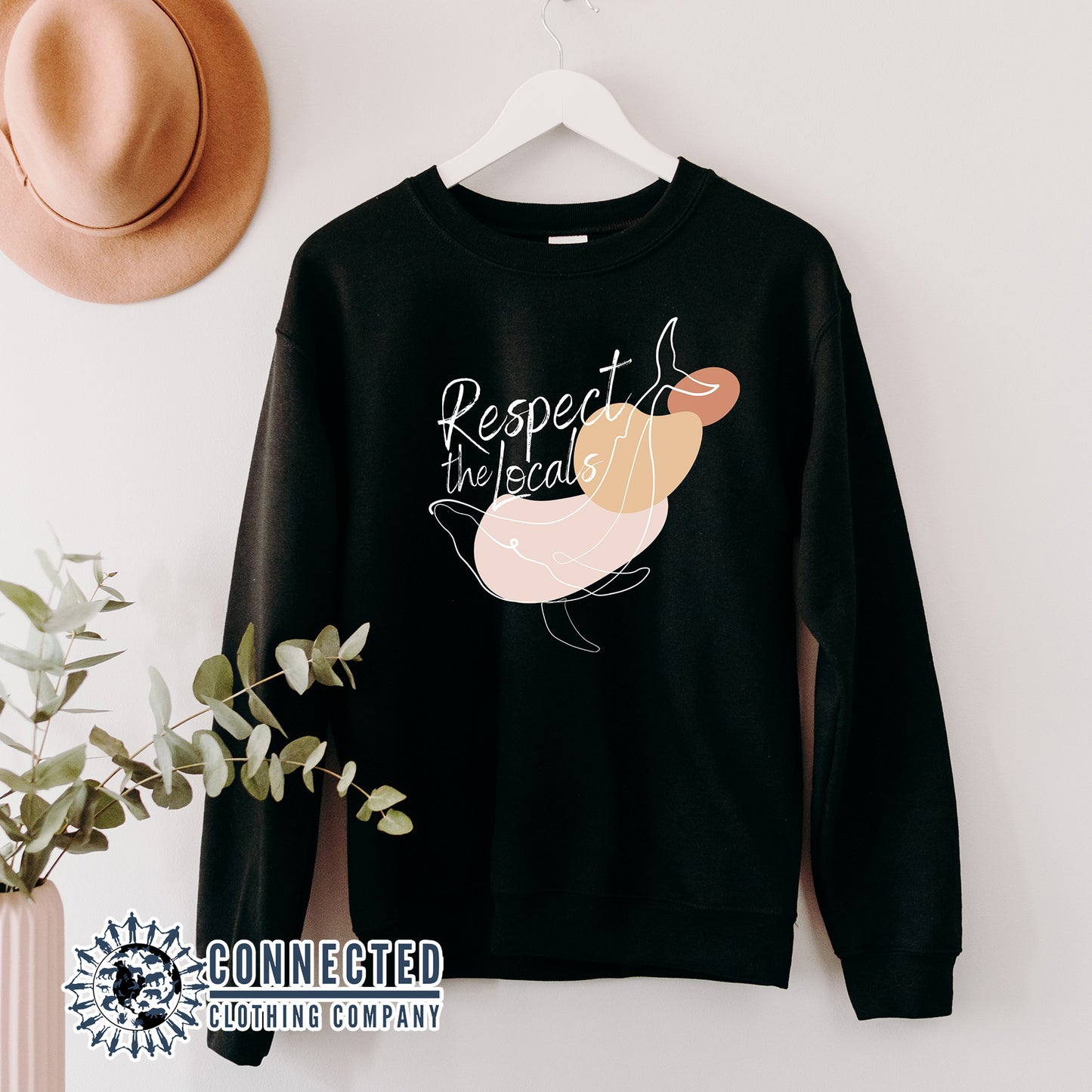Black Respect The Locals Whale Unisex Crewneck Sweatshirt - Connected Clothing Company - Ethically and Sustainably Made - 10% of profits donated to ocean conservation