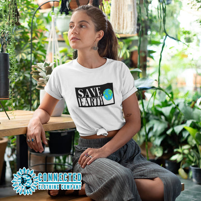 Model Wearing White Save Earth Short-Sleeve T-shirt - Connected Clothing Company - Ethically and Sustainably Made - 50% donated to WIRES Wildlife Rescue