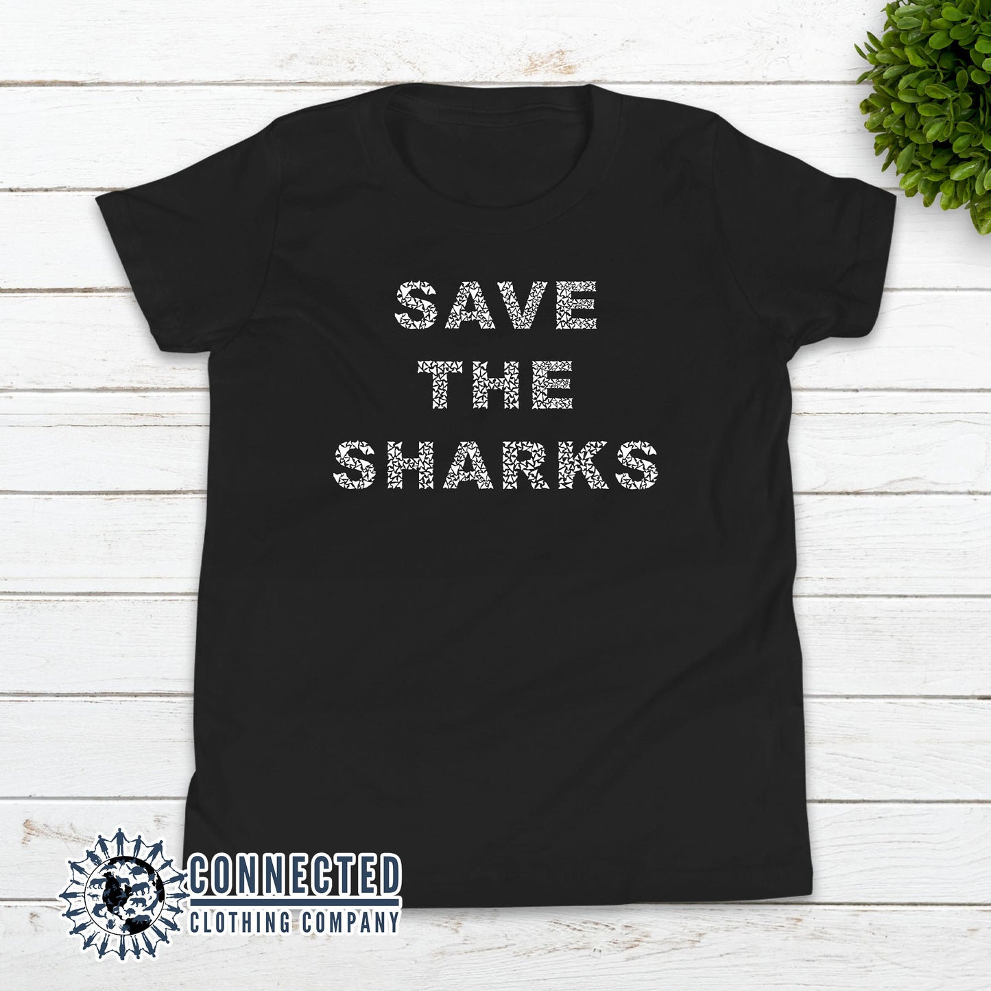 Black Save The Sharks Youth Short-Sleeve Tee - Connected Clothing Company - 10% of profits donated to Oceana shark conservation