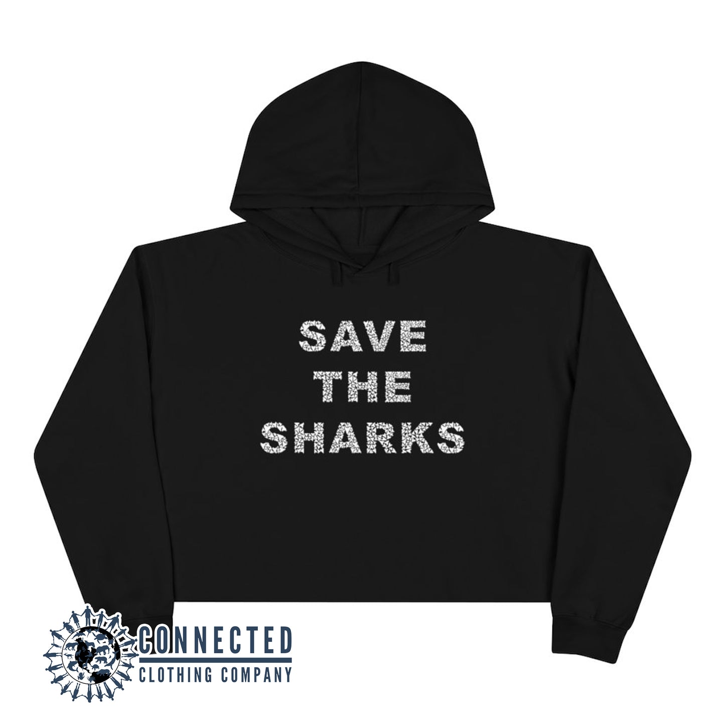 Black Save The Sharks Crop Hoodie - Connected Clothing Company - Ethically and Sustainably Made - 10% donated to Oceana shark conservation