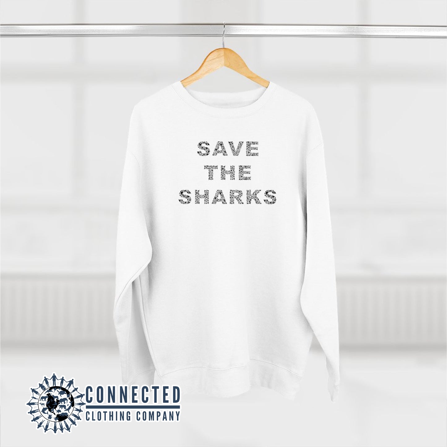 White Save The Sharks Unisex Crewneck Sweatshirt - Connected Clothing Company - Ethically and Sustainably Made - 10% of profits donated to shark conservation and ocean conservation
