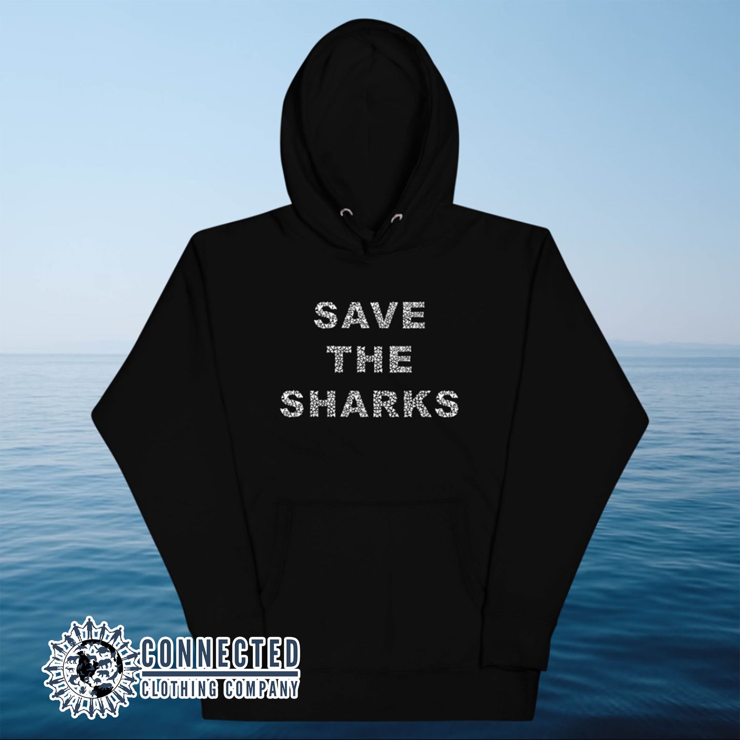 Black Save The Sharks Unisex Hoodie - Connected Clothing Company - Ethically and Sustainably Made - 10% donated to Oceana shark conservation