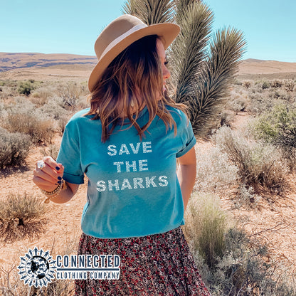 Aqua Blue Save The Sharks Short-Sleeve Unisex T-Shirt reads "Save The Sharks." - Connected Clothing Company - Ethically and Sustainably Made - 10% donated to Oceana shark conservation