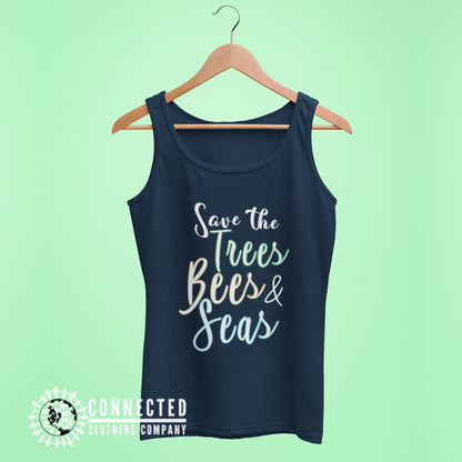 Navy Blue Save The Trees Bees And Seas Women's Relaxed Tank Top - Connected Clothing Company - Ethically and Sustainably Made - 10% donated to Mission Blue ocean conservation