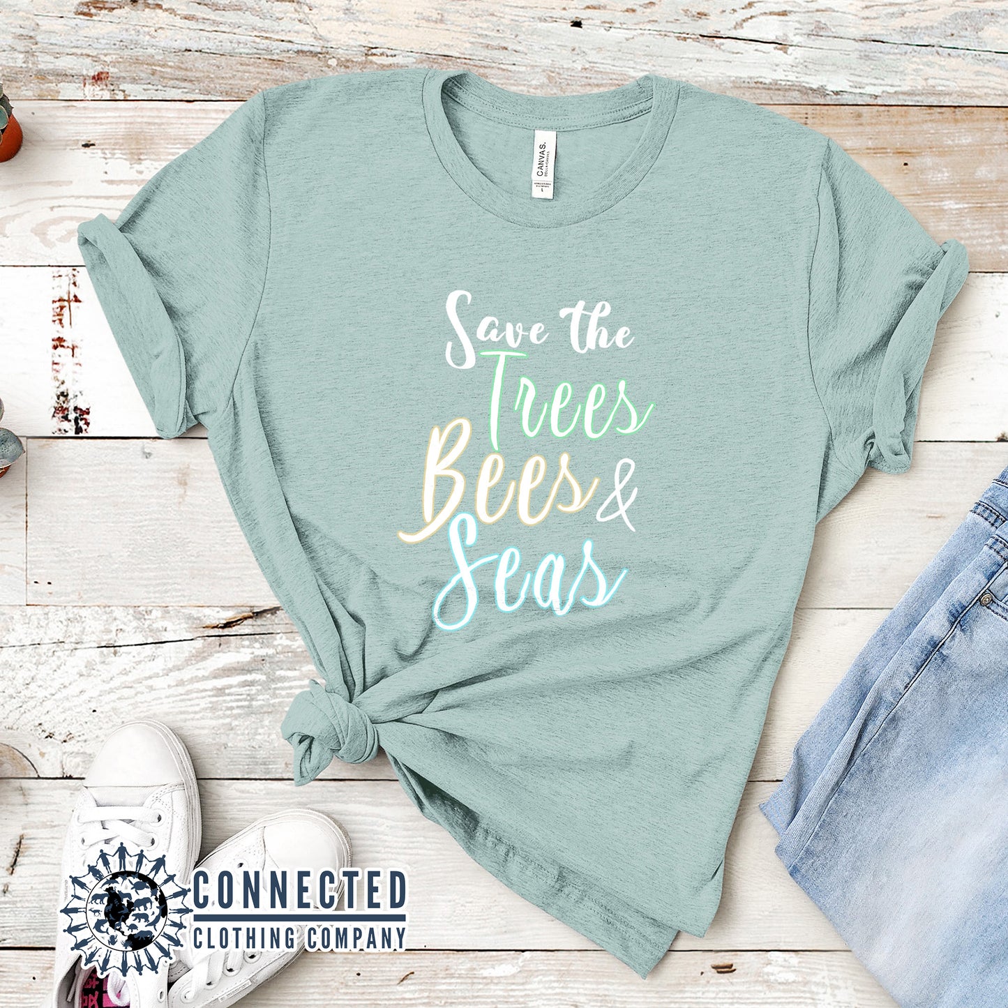 Heather Prism Dusty Blue Save The Trees Bees & Seas Short-Sleeve Tee - Connected Clothing Company - Ethically and Sustainably Made - 10% donated to ocean conservation