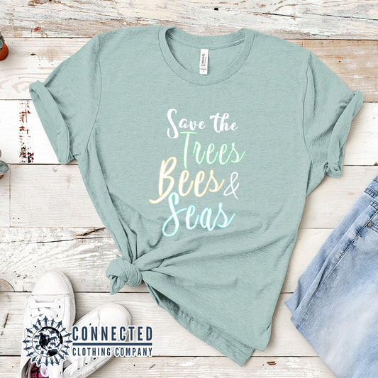 Heather Prism Dusty Blue Save The Trees Bees & Seas Short-Sleeve Tee - Connected Clothing Company - Ethically and Sustainably Made - 10% donated to ocean conservation