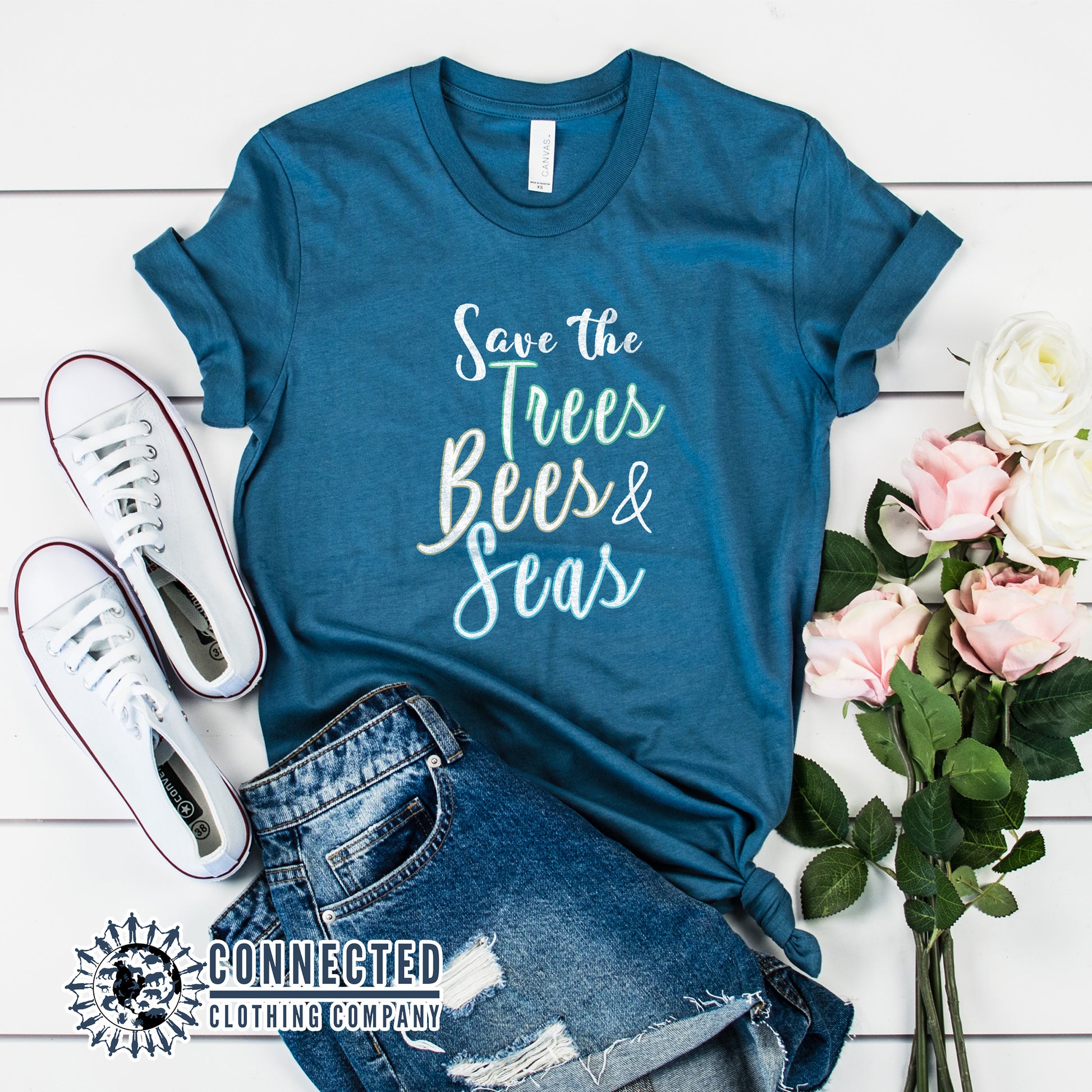 Steel Blue Save The Trees Bees & Seas Short-Sleeve Tee - Connected Clothing Company - Ethically and Sustainably Made - 10% donated to ocean conservation