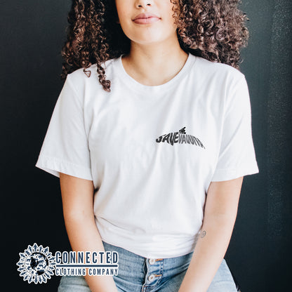 Model Wearing White Save The Vaquita Short-Sleeve Tee - Connected Clothing Company - Ethically & Sustainably Made - 10% of profits donated to vaquita porpoise conservation