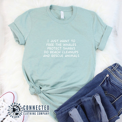 Heather Prism Dusty Blue I Just Want To Save The World Short-Sleeve Tee - Connected Clothing Company - 10% of profits donated to Mission Blue ocean conservation