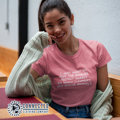Model Wearing Mauve I Just Want To Save The World Short-Sleeve Tee - Connected Clothing Company - 10% of profits donated to Mission Blue ocean conservation