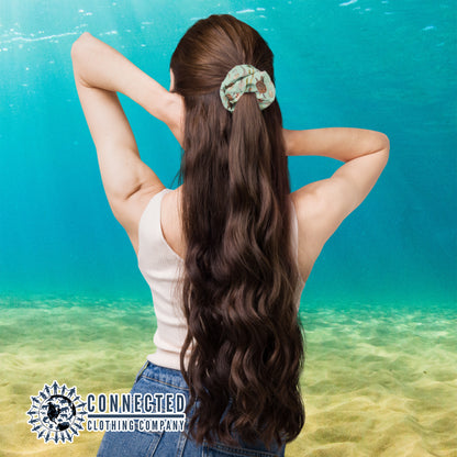 Sea Turtle Scrunchie In Women's Hair - Connected Clothing Company - Ethical & Sustainable Apparel - 10% donated to save the sea turtles
