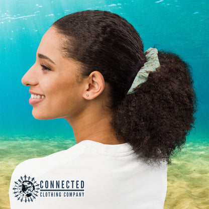 Sea Turtle Scrunchie In Women's Hair - Connected Clothing Company - Ethical & Sustainable Apparel - 10% donated to save the sea turtles