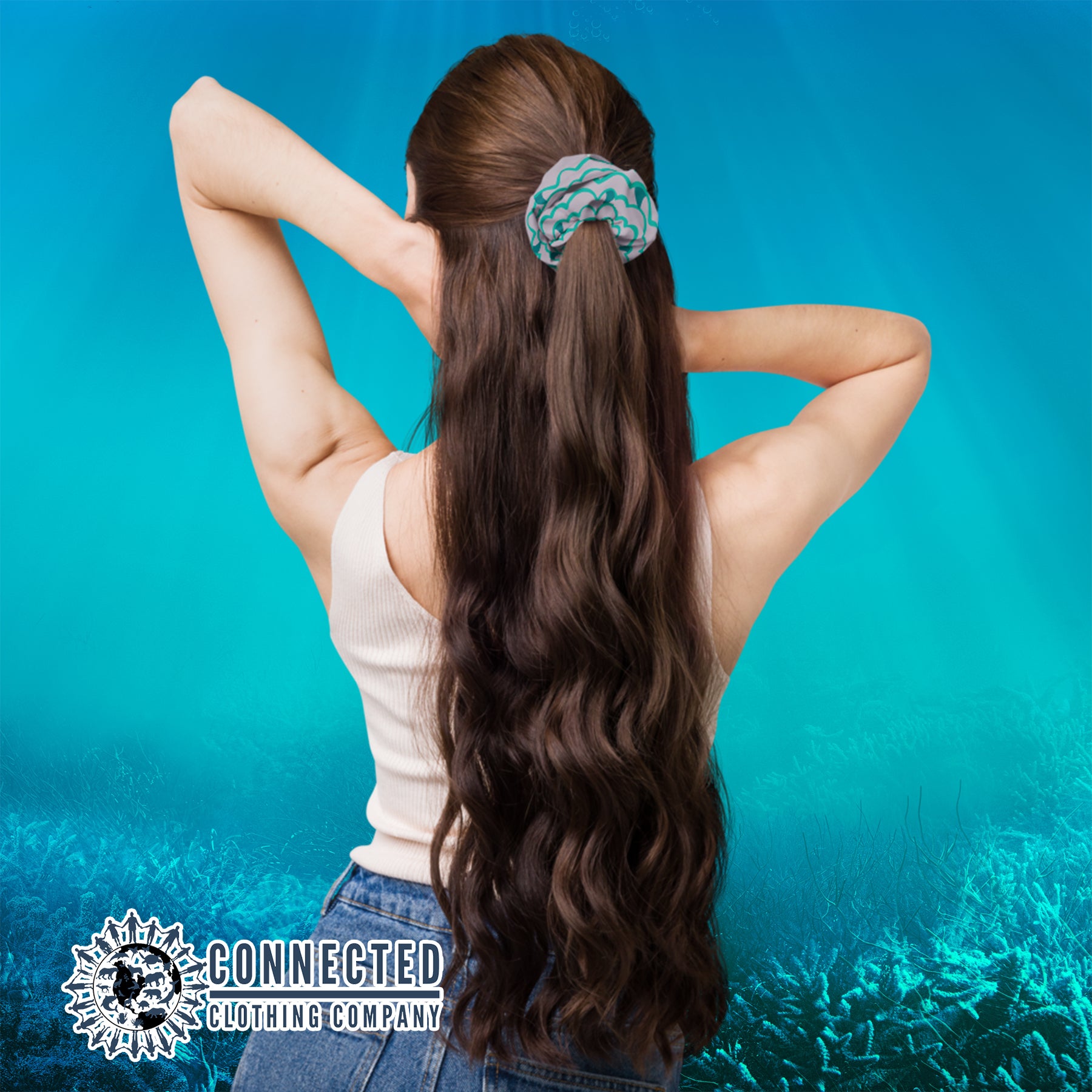 Model Wearing Shark Fin Scrunchie in Green Color - Connected Clothing Company - Ethical & Sustainable Apparel - 10% donated to save the sharks