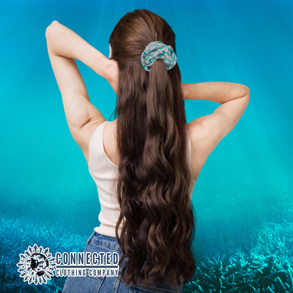 Model Wearing Shark Fin Scrunchie in Green Color - Connected Clothing Company - Ethical & Sustainable Apparel - 10% donated to save the sharks