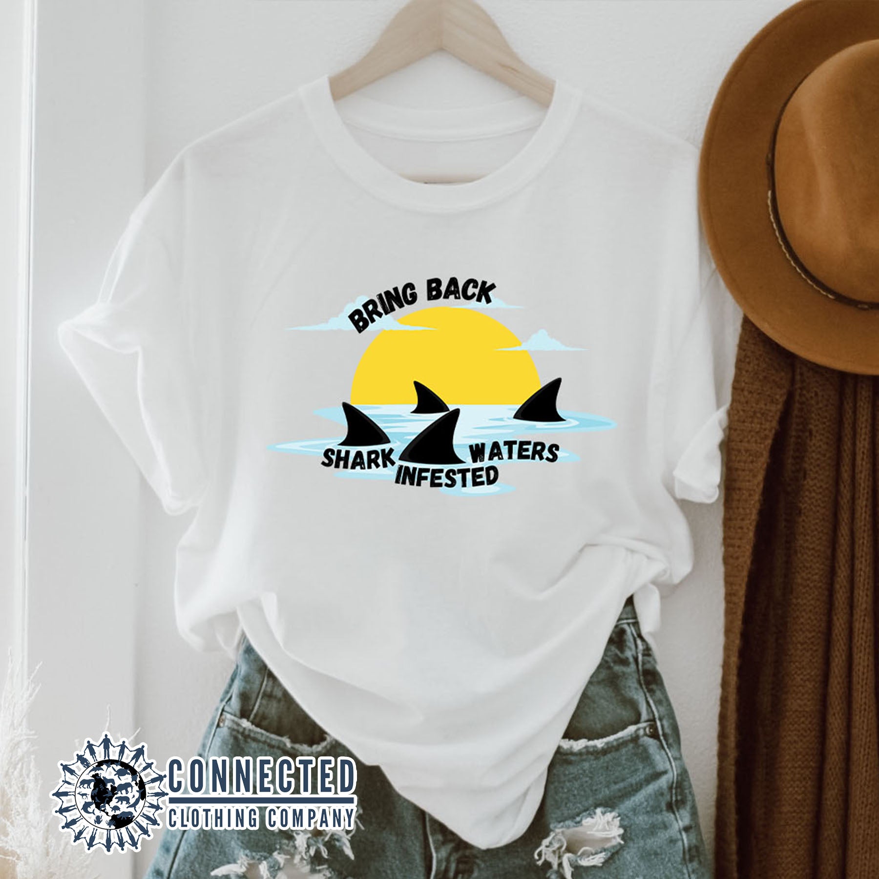 White Bring Back Shark Infested Waters Unisex Short-Sleeve Tee - Connected Clothing Company - Ethically and Sustainably Made - 10% of profits donated to shark conservation and ocean conservation