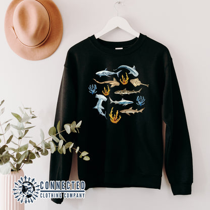 Hanging Black Shark Ocean Watercolor Unisex Crewneck Sweatshirt - Connected Clothing Company - Ethically and Sustainably Made - 10% of profits donated to shark conservation and ocean conservation
