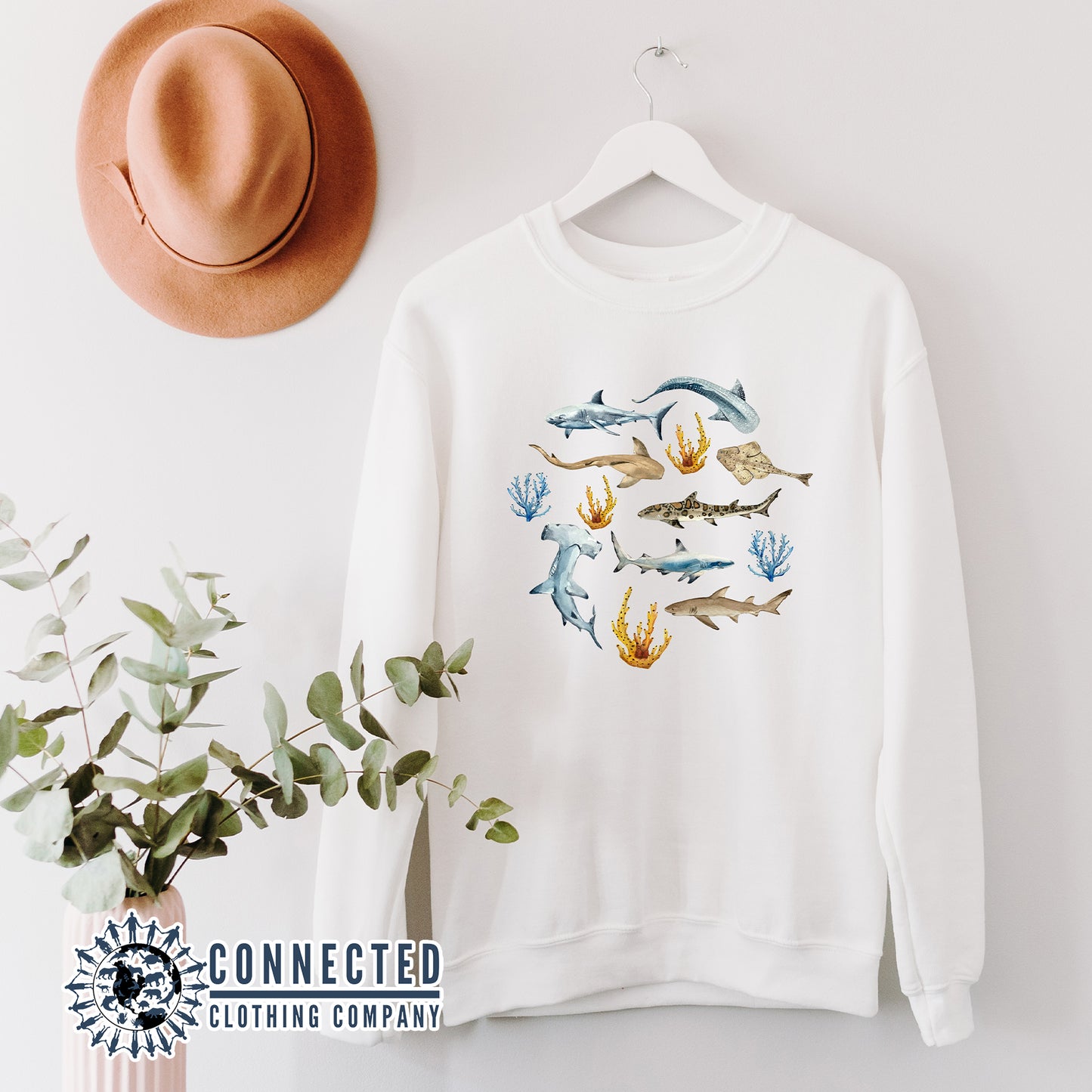 Hanging White Shark Ocean Watercolor Unisex Crewneck Sweatshirt - Connected Clothing Company - Ethically and Sustainably Made - 10% of profits donated to shark conservation and ocean conservation