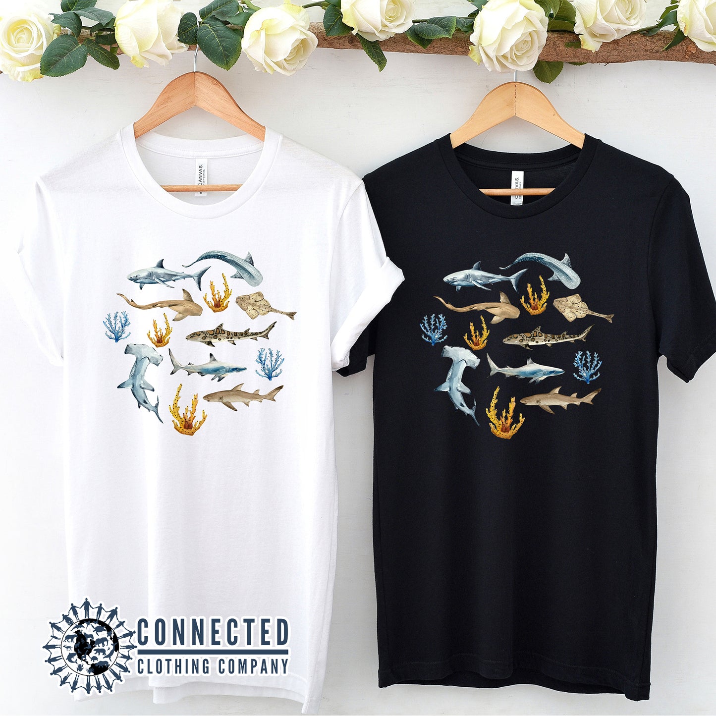 Hanging White and Black Shark Ocean Watercolor Unisex Short-Sleeve Tshirt - Connected Clothing Company - Ethically and Sustainably Made - 10% of profits donated to shark conservation and ocean conservation