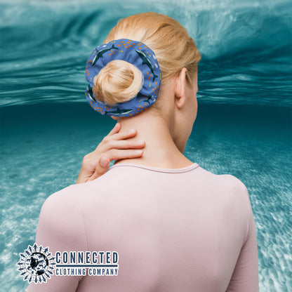 Model Wearing Shark Scrunchie in Dark Color - Connected Clothing Company - Ethical & Sustainable Apparel - 10% donated to save the sharks