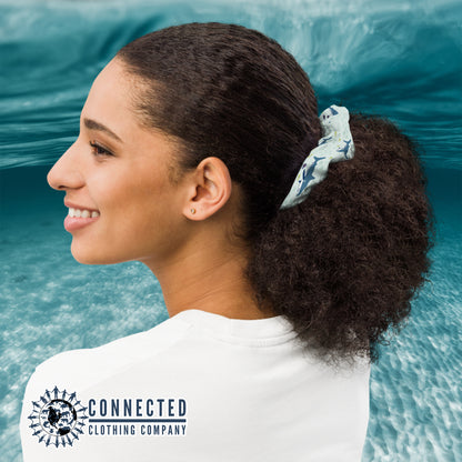 Model Wearing Shark Scrunchie in Light Color - Connected Clothing Company - Ethical & Sustainable Apparel - 10% donated to save the sharks