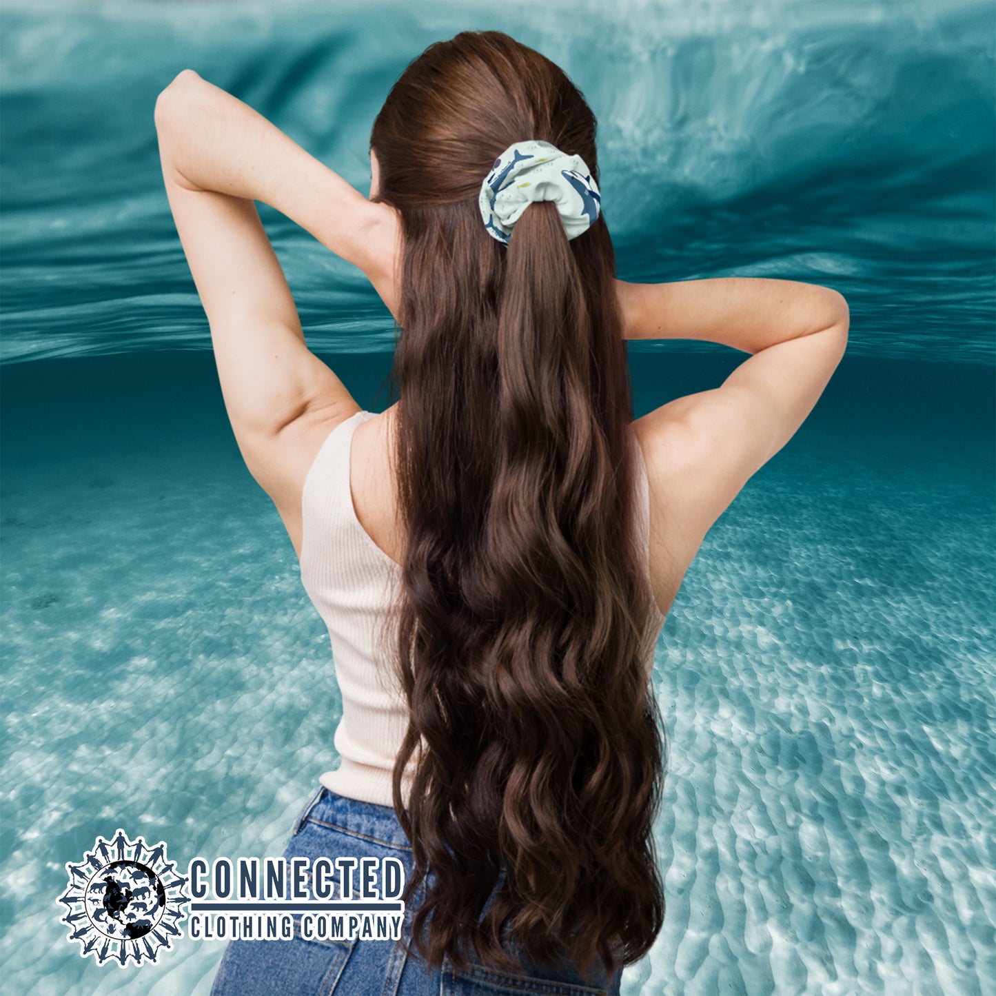 Model Wearing Shark Scrunchie in Light Color - Connected Clothing Company - Ethical & Sustainable Apparel - 10% donated to save the sharks