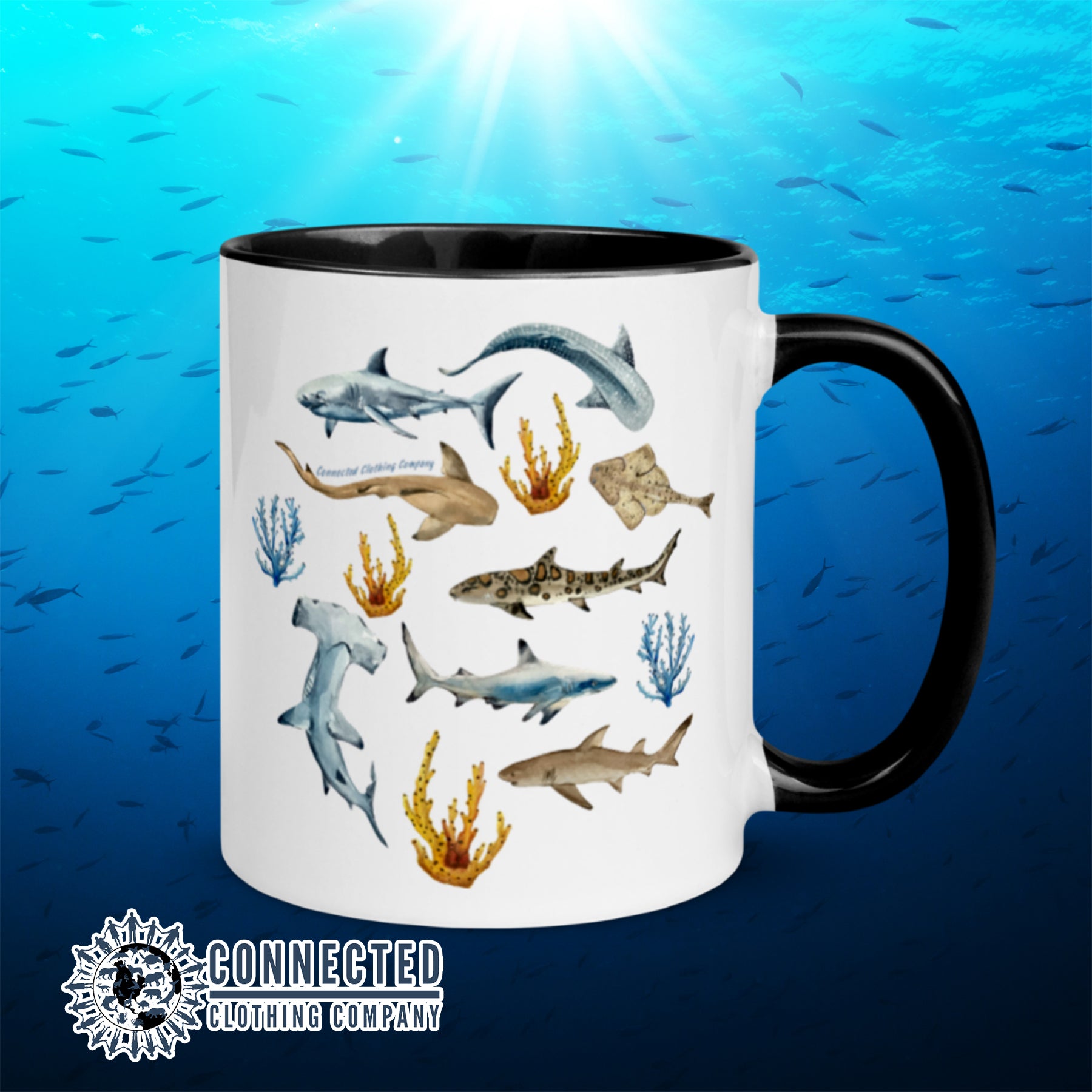Shark Ocean Watercolor Colored Mug With Black Coloring on Inside, Rim, and Handle - Connected Clothing Company - Ethically and Sustainably Made - 10% donated to Oceana shark conservation