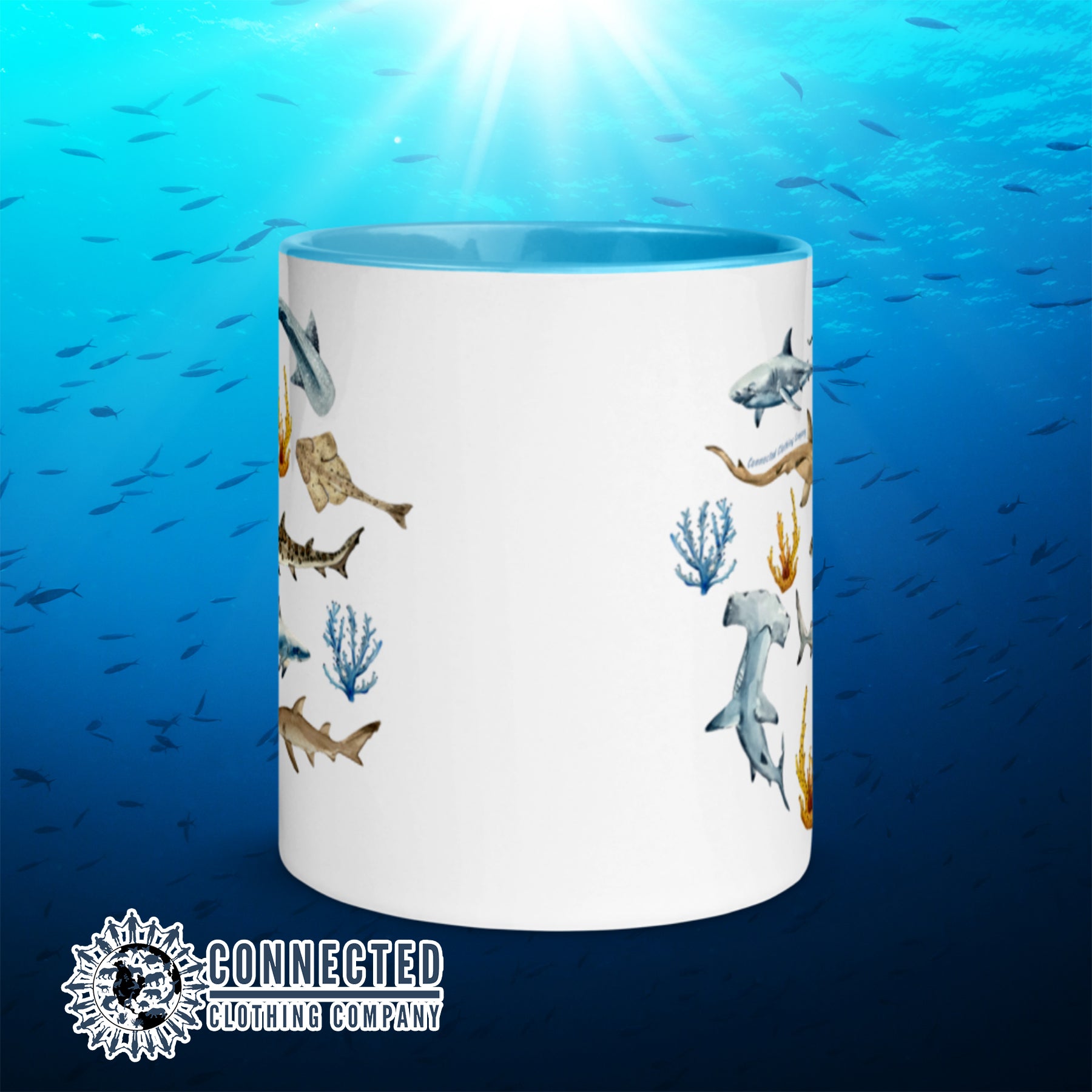 Shark Ocean Watercolor Colored Mug With Blue Coloring on Inside, Rim, and Handle - Connected Clothing Company - Ethically and Sustainably Made - 10% donated to Oceana shark conservation
