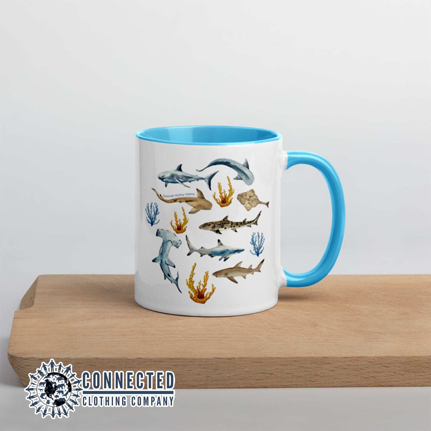 Shark Ocean Watercolor Colored Mug With Blue Coloring on Inside, Rim, and Handle - Connected Clothing Company - Ethically and Sustainably Made - 10% donated to Oceana shark conservation