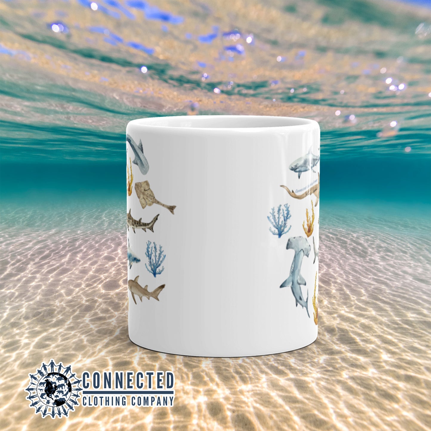 Front of White Shark Ocean Watercolor Classic Mug - Connected Clothing Company - Ethically and Sustainably Made - 10% of profits donated to shark conservation and ocean conservation