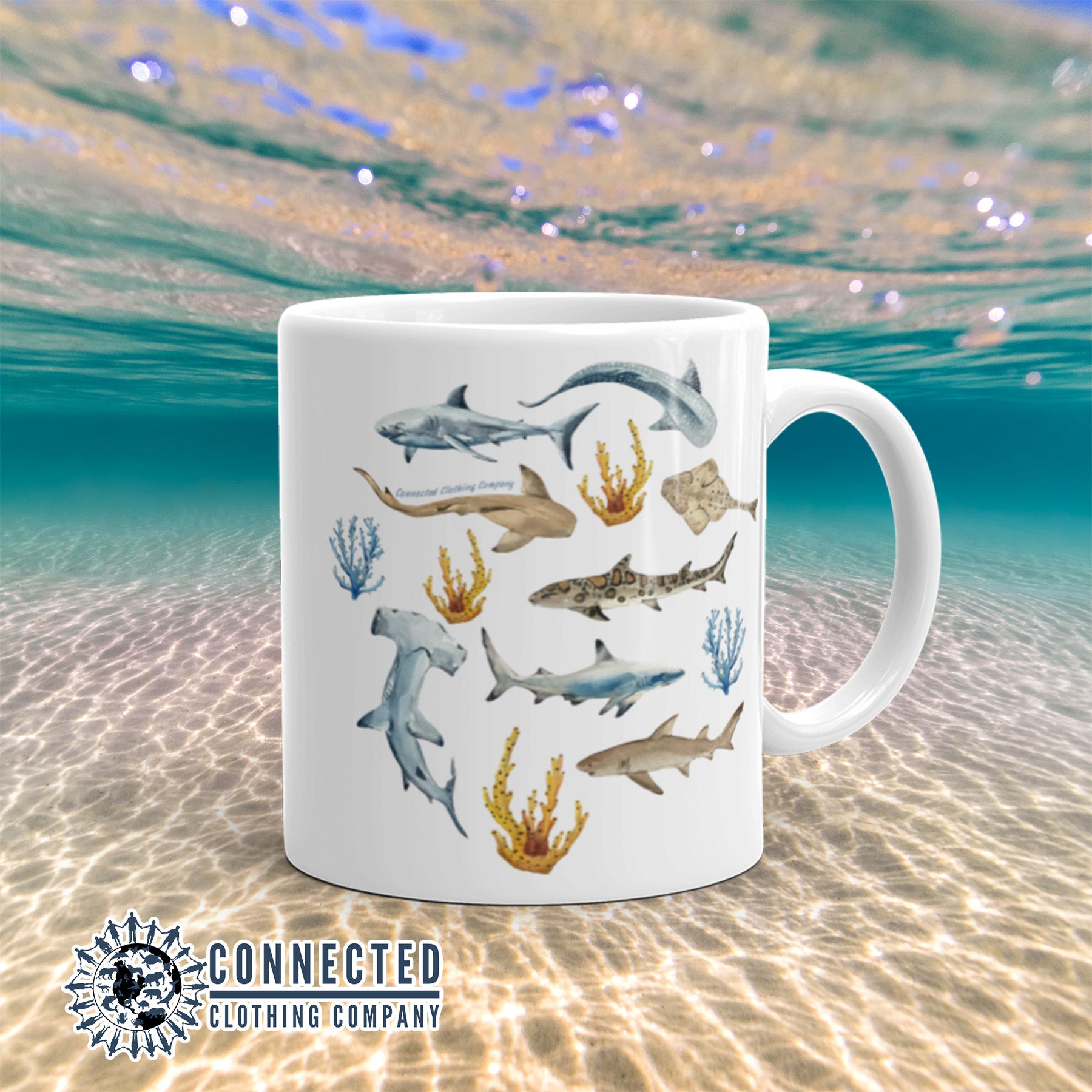 Right side of White Shark Ocean Watercolor Classic Mug - Connected Clothing Company - Ethically and Sustainably Made - 10% of profits donated to shark conservation and ocean conservation