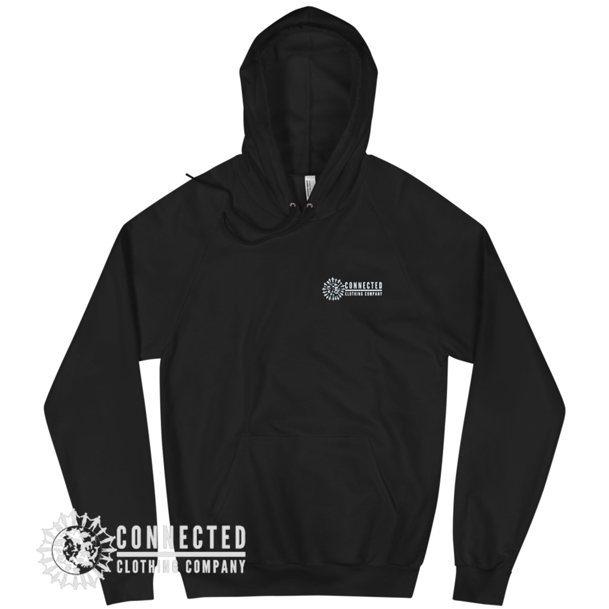 Front of Black Show Humanity Unisex Hoodie with Connected Logo print - Connected Clothing Company - Ethically and Sustainably Made - 10% donated to