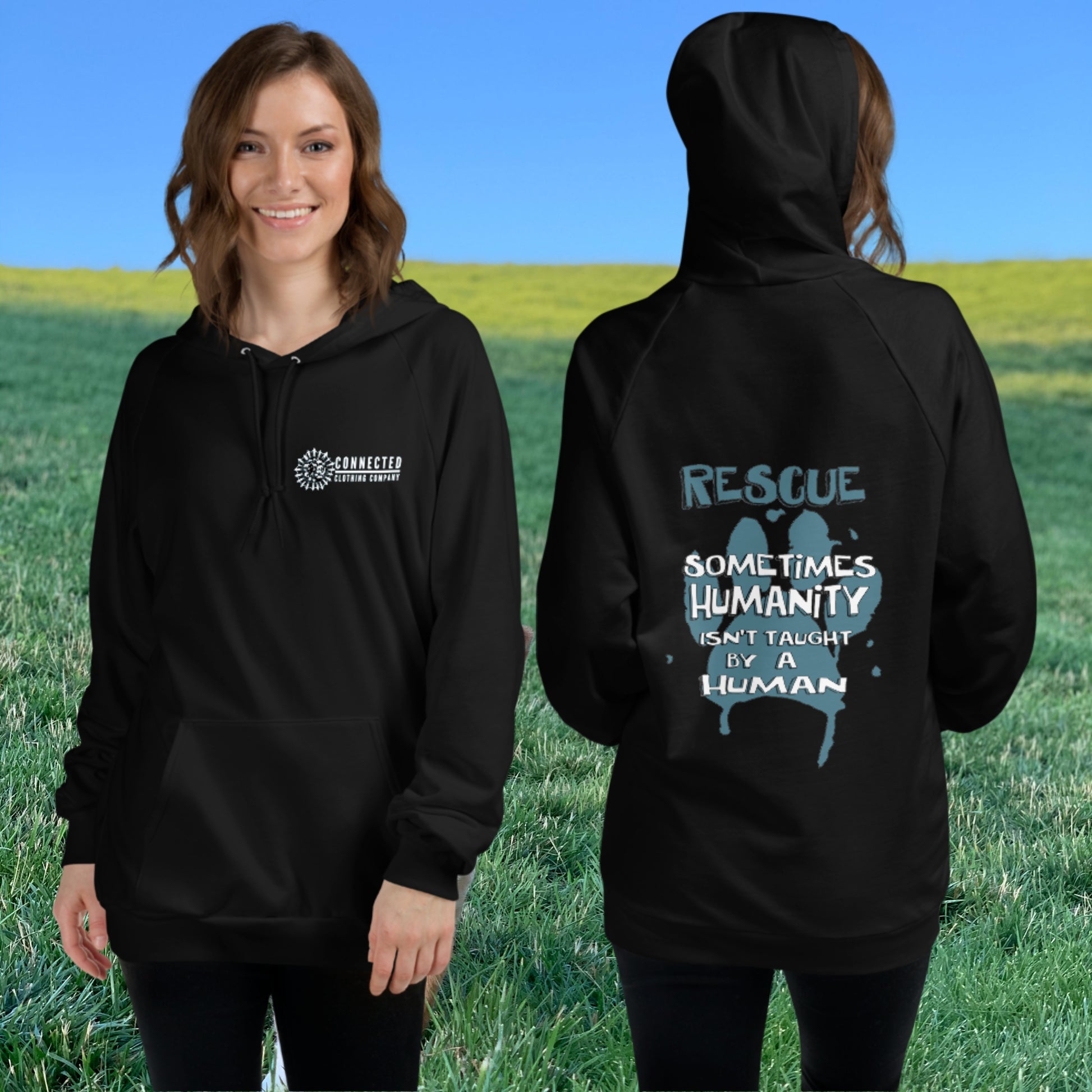 Model Wearing Black Show Humanity Unisex Hoodie - Connected Clothing Company - Ethically and Sustainably Made - 10% donated to 