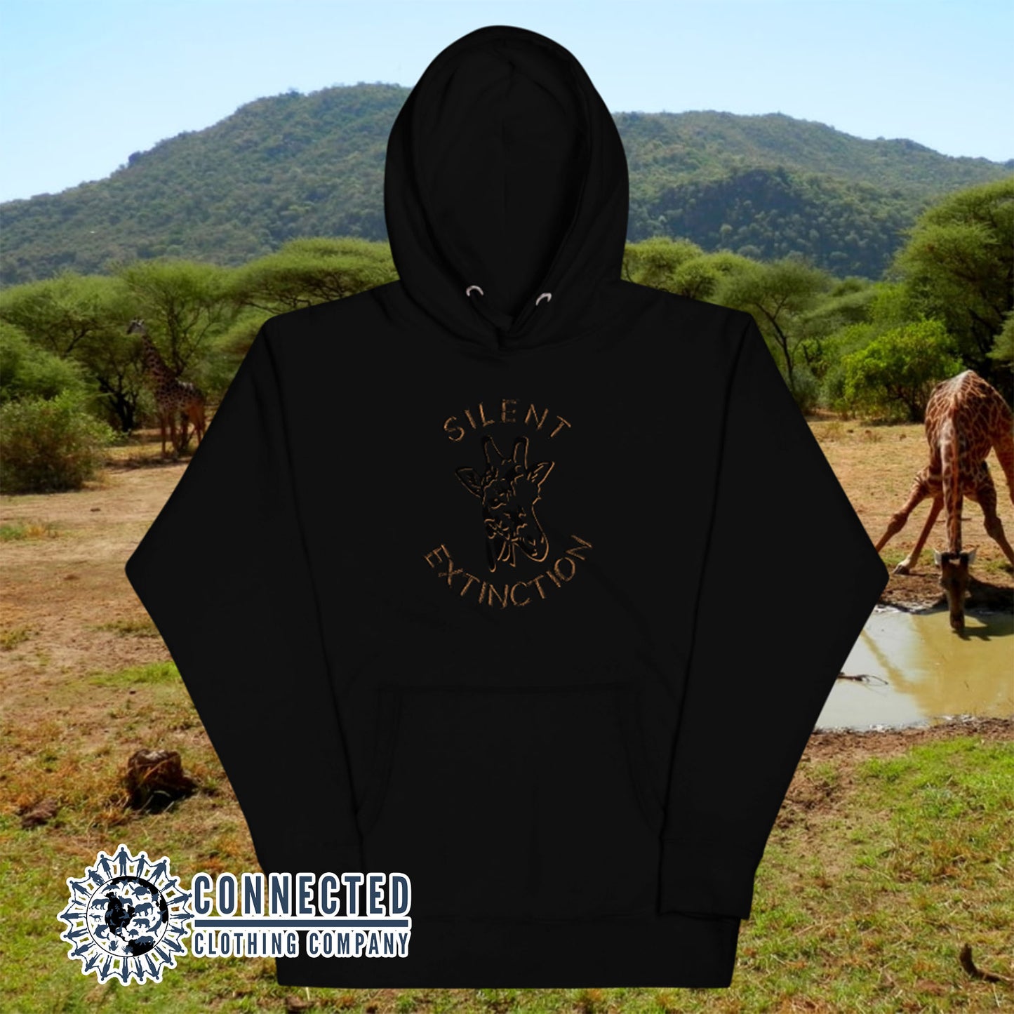Black Giraffe Silent Extinction Unisex Hoodie - Connected Clothing Company - 10% of profits donated to the Giraffe Conservation Foundation